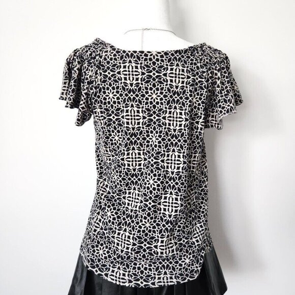 Vtg Y2K Flutter Sleeve Blouse Large Pima Cotton Modal Black White Lattice Print - Picture 5 of 14